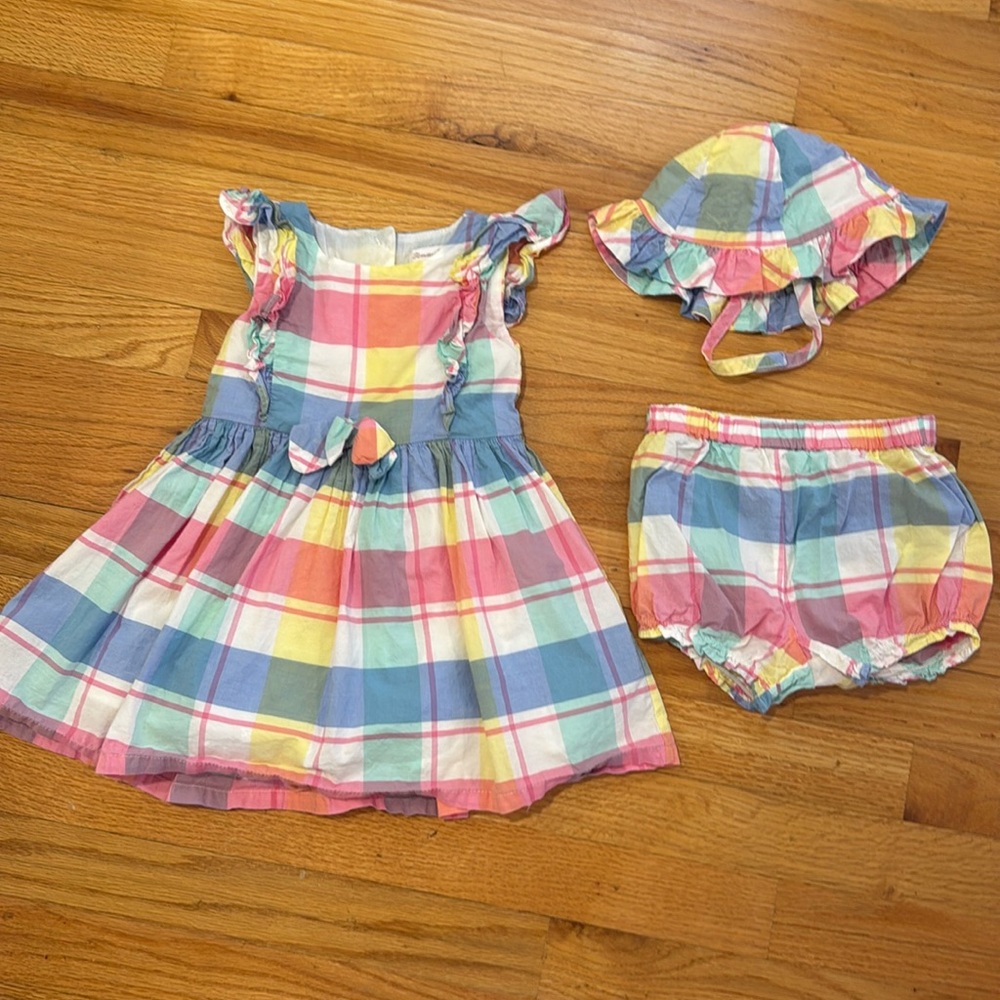 Tommy Bahama Pastel Checked 3 Piece Formal Dress, Bloomer and Hat Set 24 months